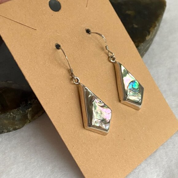 Sterling Silver 925 1.68" Kite Shaped Abalone Shell Inlay Dangle Earrings - Picture 3 of 16